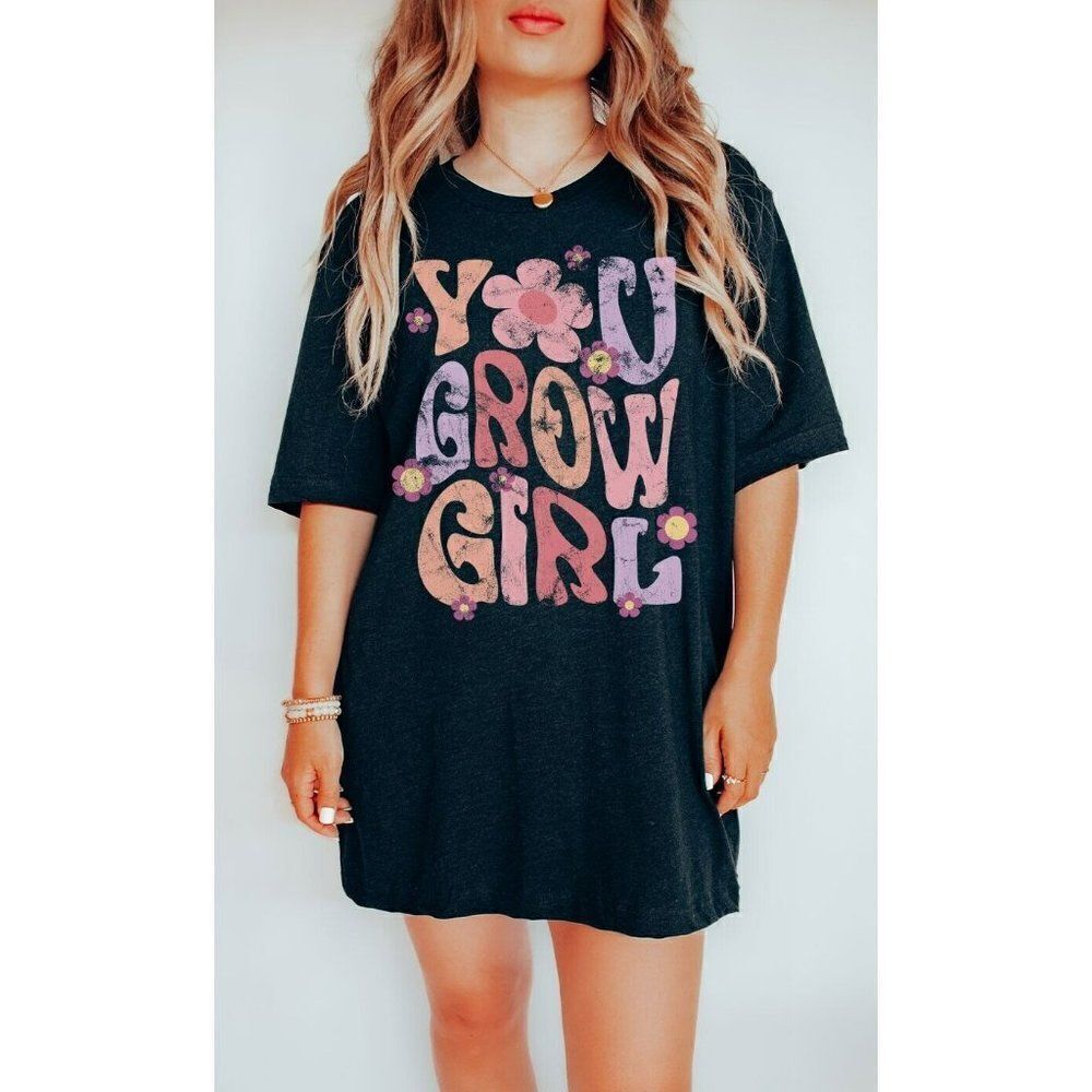 YOU GROW GIRL Retro Hippie Graphic T-Shirt Tee Flower Power Boho S-L Black NEW